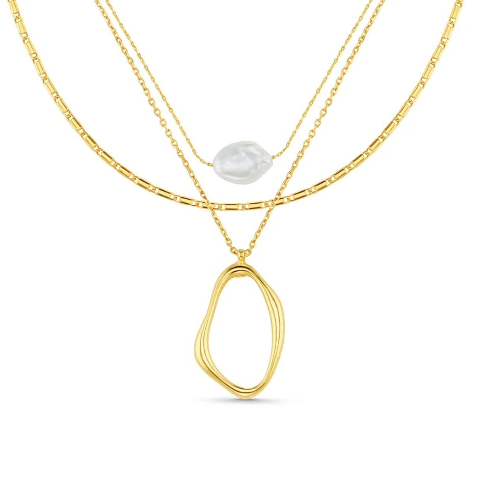 Organic Oval & Pearl 3-Row Necklace