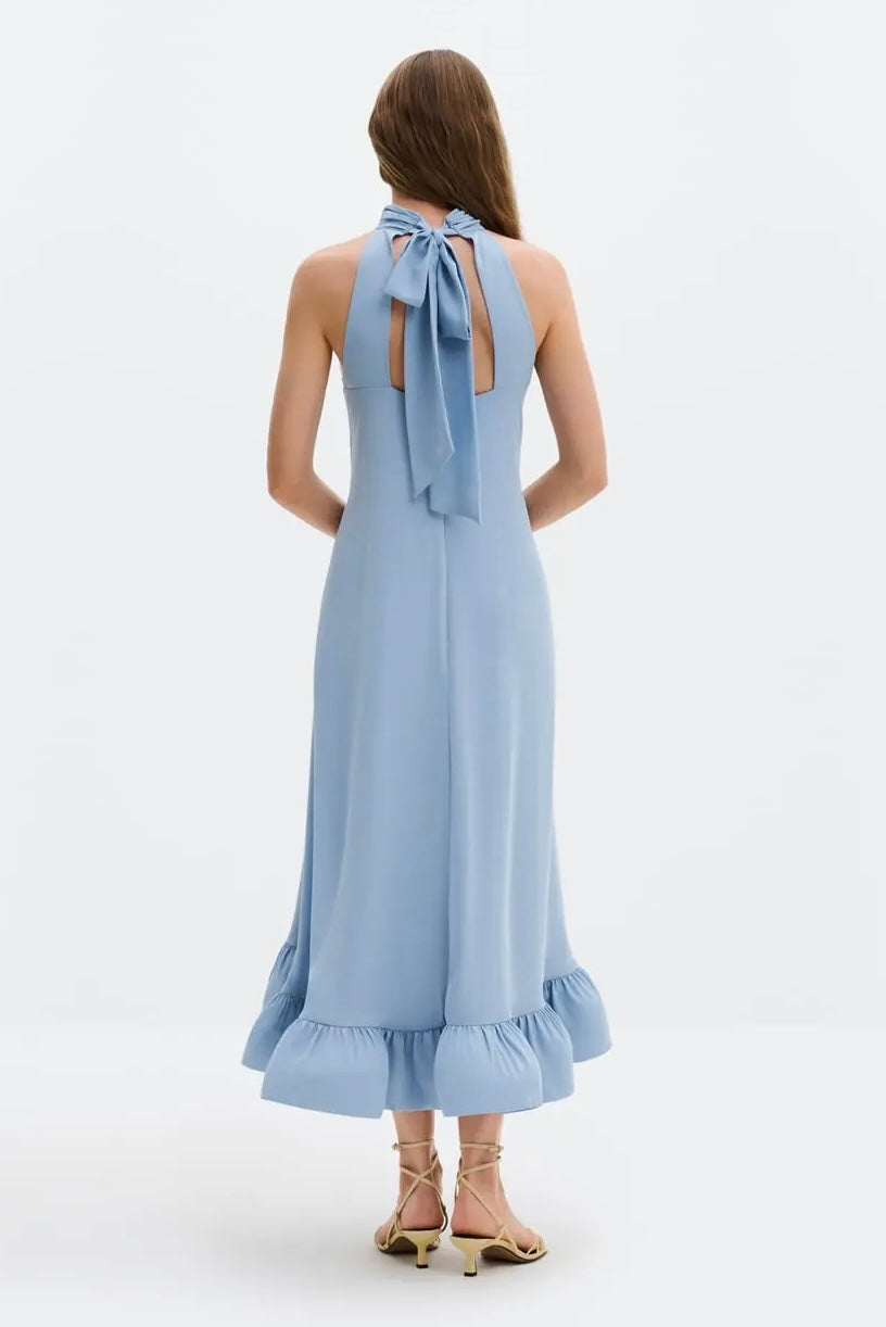 SABRINA HALTERNECK RUFFLED MIDI DRESS