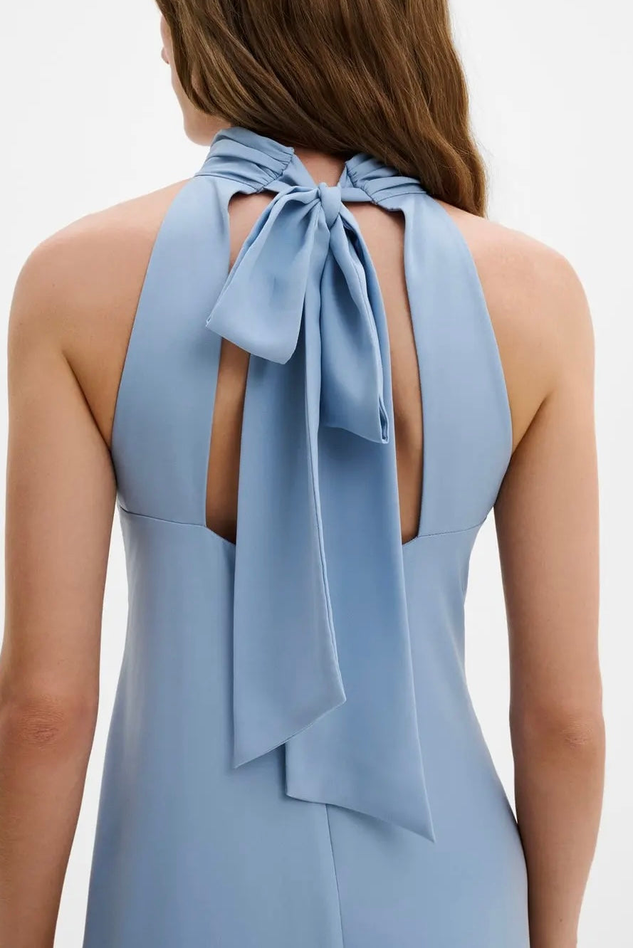 SABRINA HALTERNECK RUFFLED MIDI DRESS