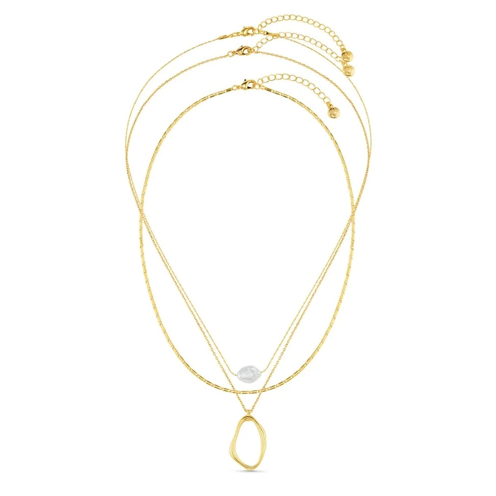 Organic Oval & Pearl 3-Row Necklace